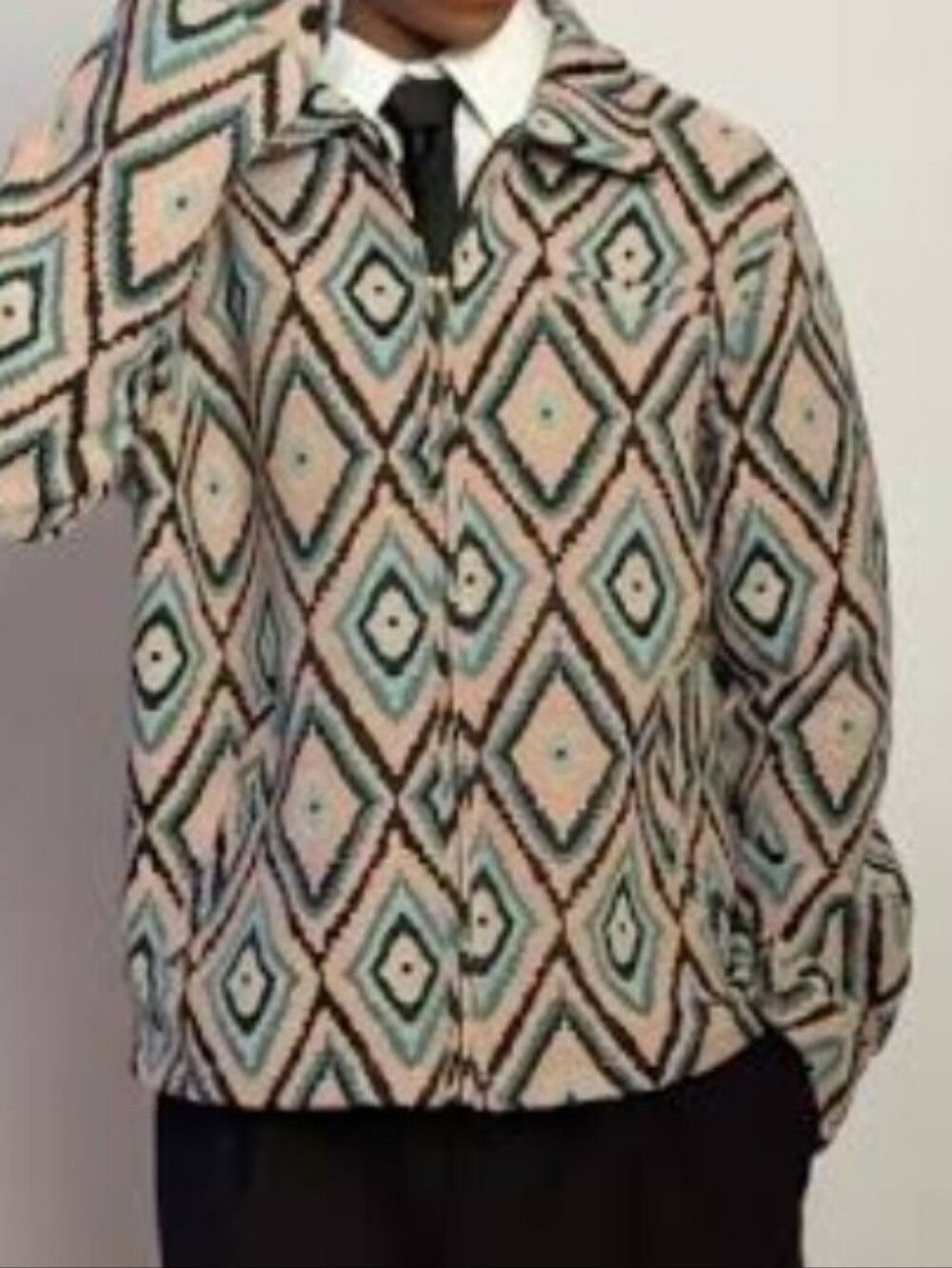Jacquard Tapestey Geometric Patterned Men's Jacket in Cream & Blue
